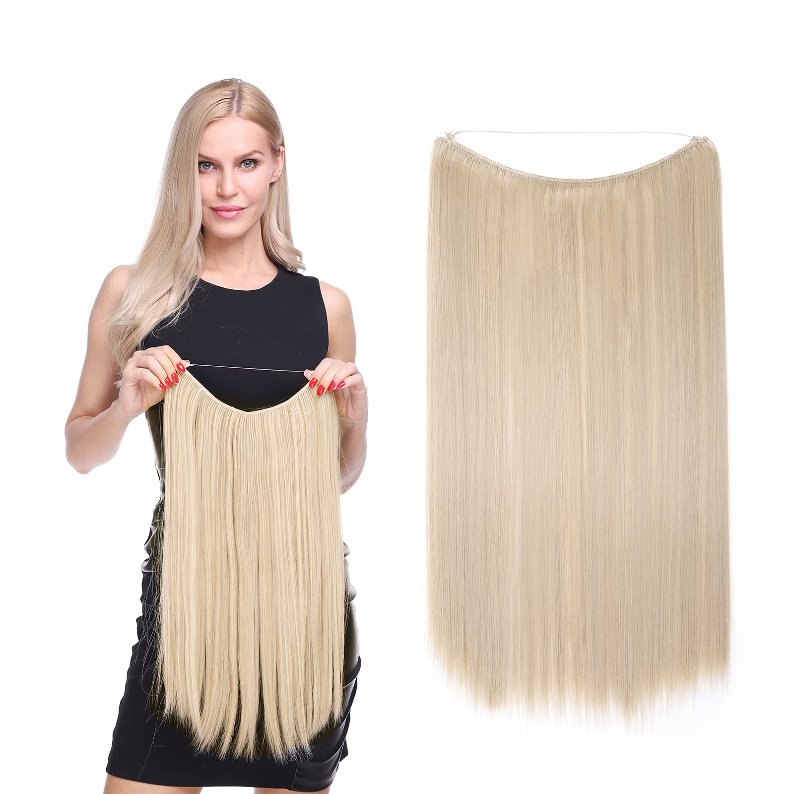 Wire in Hair Extensions 20inch One Piece Hairpiece Sythetic Hidden Elastic Long Straight 3/4 Head (Blond&Bleach Blond) — image 1