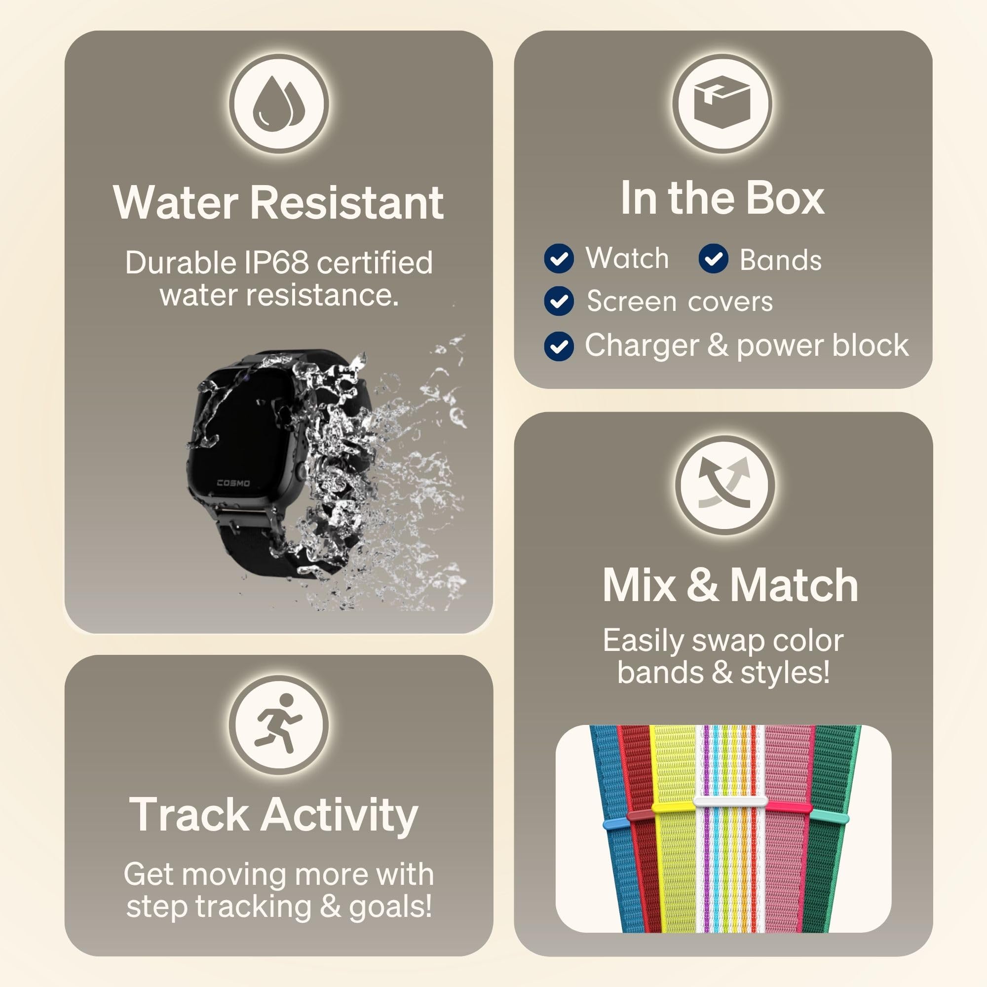 Reloj inteligente para niños JrTrack 5 de Cosmo | El mejor reloj telefónico seguro para niños | Seguimiento GPS de precisión en tiempo real | Llamadas, mensajes de texto, actividades, entornos escolares | Música de Spotify | Controles parentales | SOS y alertas de seguridad