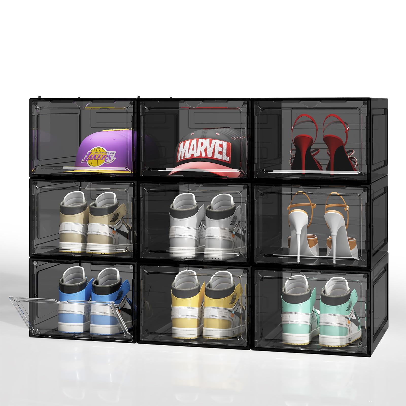 Photo 1 of **INCOMPLETE** Upgraded Thickened Sturdy Large Shoe Boxes Clear Plastic Stackable 9 Pack Shoe Storage Organizer for Closet/Entryway, Drop front Shoe Box with Magnetic Door, Shoe Display Case, Fit up to US size 14