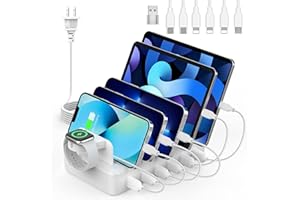 CREATIVE DESIGN Charging Station for Multiple Devices, 50W 6 Ports Charging Dock with 6 Cables Compatible with Cellphone,Tablet, Kindle, Apple Watch and Other Electronic