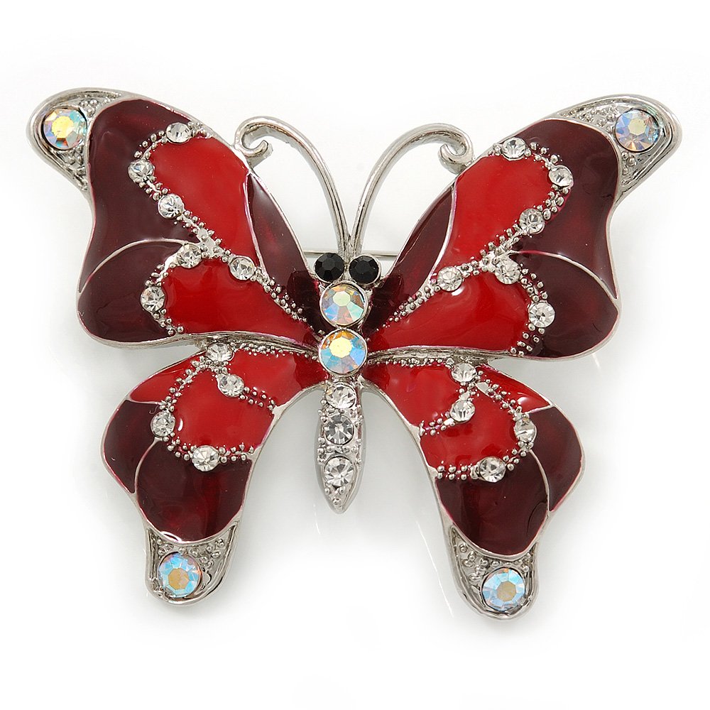 Burgundy/Red Enamel Crystal Butterfly Brooch In Rhodium Plating - 50mm W