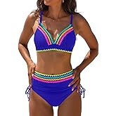 popvil High Waisted Bikini Sets for Women Tummy Control Swimsuits Neon Two Piece V Neck Drawstring Bathing Suits 2026