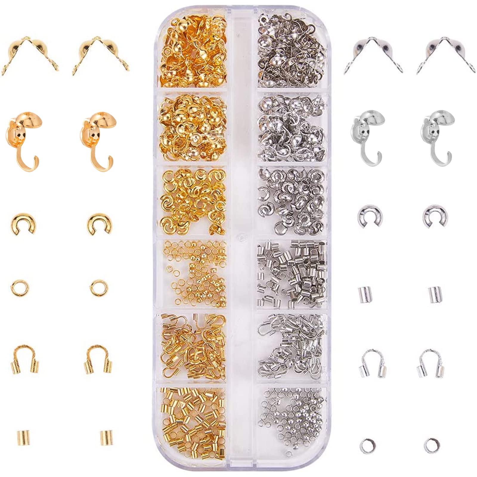 SUNNYCLUE 1 Box 640Pcs 6 Styles 2 Colors Jewellery Findings Include 160pcs Crimp Beads & 160pcs Crimp Tubes 2mm & 80pcs Covers & 80pcs Bead Tips & Knot Covers & Wire Guardians