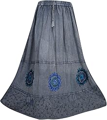 Mogul Interior Womens Blue Maxi Skirt Embroidered Enzyme Wash Bohemian Flare Skirt S/M