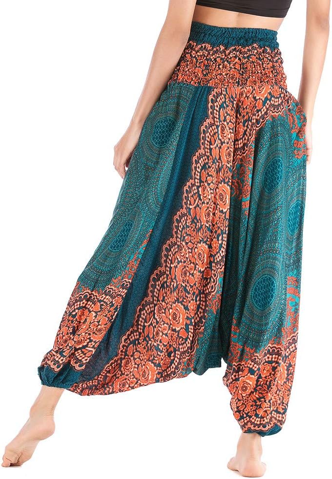 iYBUIA Women Casual Peacock Print Summer Loose Yoga Trousers Baggy Boho Aladdin Jumpsuit Harem Pants