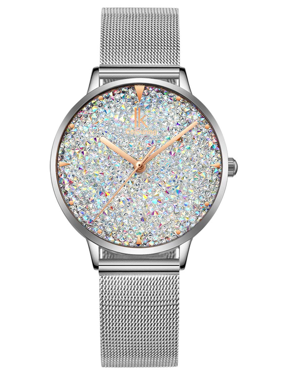 Alienwork Women's Watch Silver Metal Mesh Strap White Rhinestone Glitter Elegant