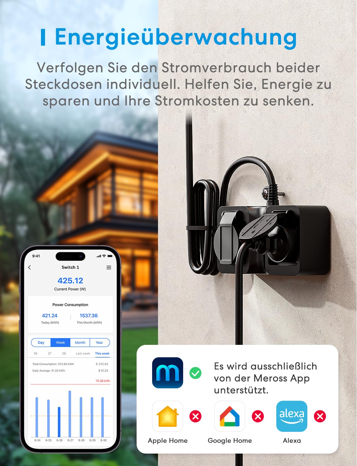 Meross Matter WLAN Steckdose Outdoor mit Strommessung, Smart Steckdose Stromzähler für Balkonkraftwerk Außensteckdose Wasserdicht IP44, funktioniert mit HomeKit, Alexa und Google, 16A 1,5m 4