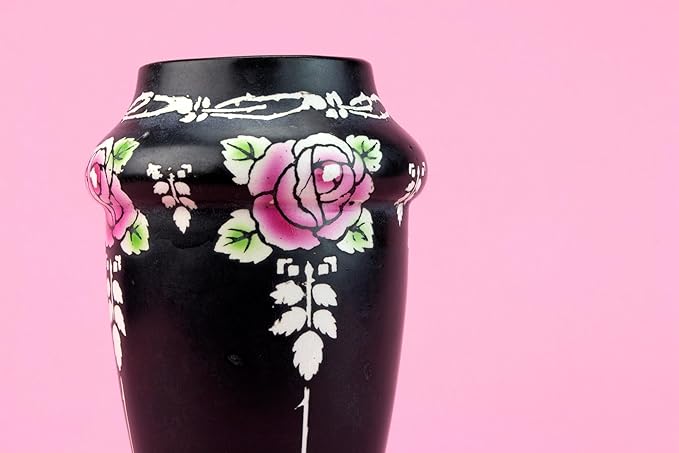 Black Shelley Pottery Tapered Flower Vase Art Deco Pink Rose