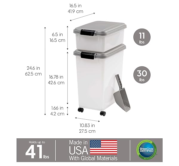 IRIS USA 30 LBS & 11 LBS COMBO AIRTIGHT DOG FOOD STORAGE CONTAINER, STACKABLE TREAT BOX, 2-CUP SCOOP, WHEELS, KEEP FRESH, EASY MOBILITY, SILVER