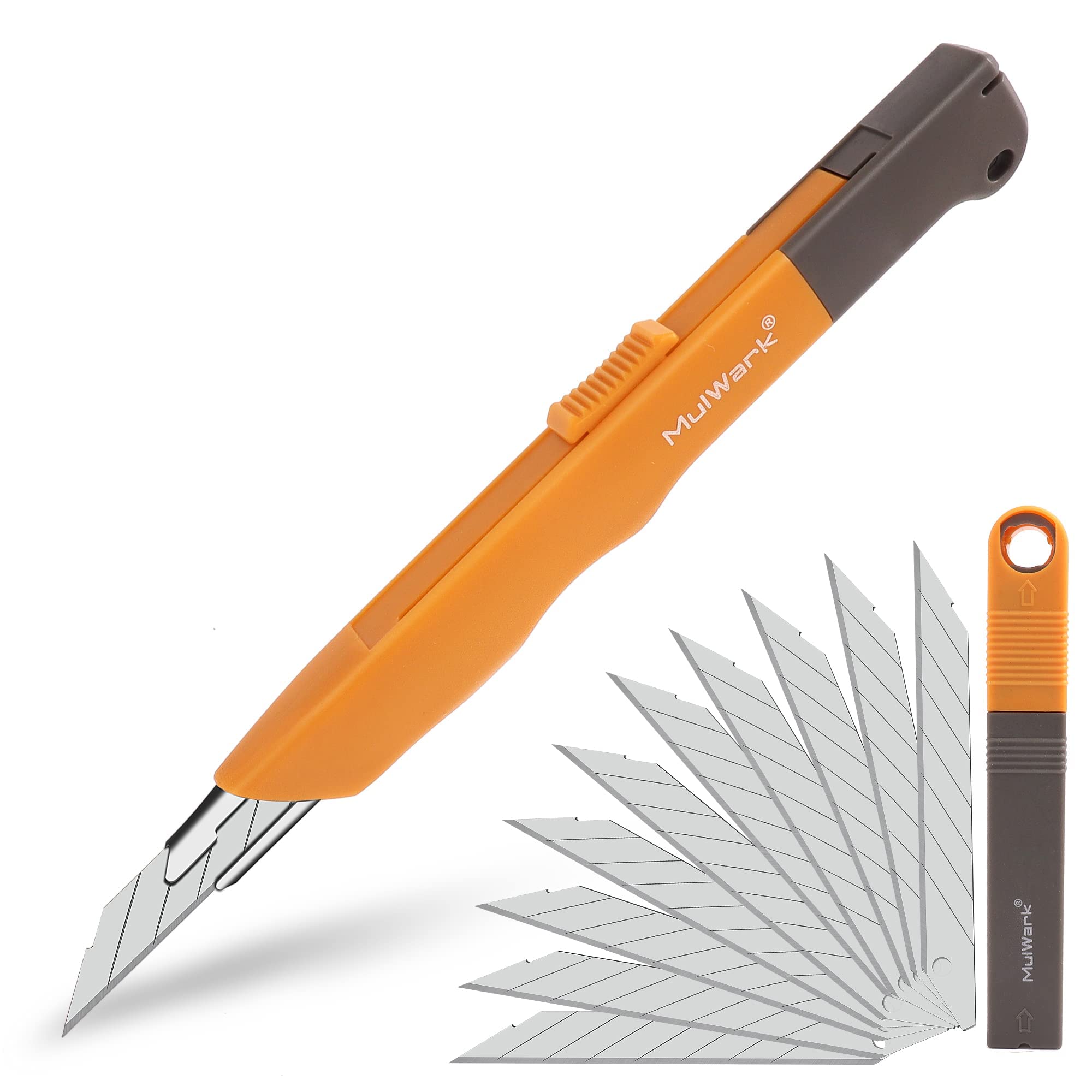 Photo 1 of Mulwark 11PC Box Cutter Retractable Utility Knife Set - Heavy Duty Craft Knife with 10PC Sharp Snap-off 9MM 30 Degree Blades for Precision Cutting