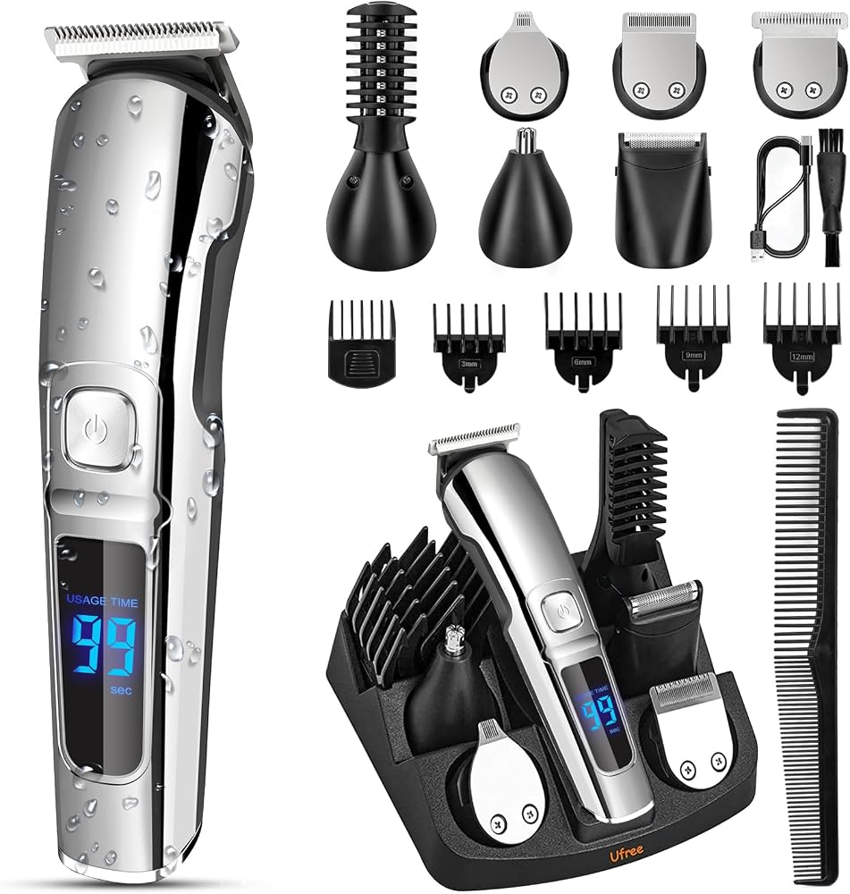 Ufree Beard Trimmer for Men, Waterproof Electric Razor, Grooming Kit | Stainless steel blades, six interchangeable heads, wet