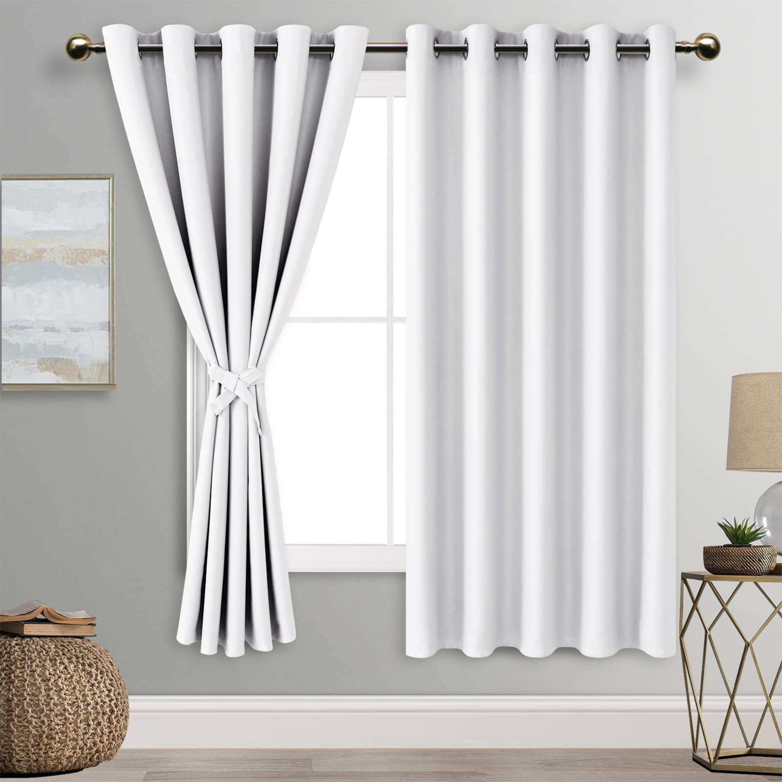 DWCN Greyish White Blackout Curtains with Tiebacks for Bedroom Thermal Insulated Solid Eyelet Curtains for Living Room,2 Panels,66" Wide x 72" Drop