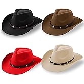 Mumufy 4 Pcs Classic Western Cowboy Hat Men Felt Wide Brim Hats Women Belt Buckle Cap for Adults