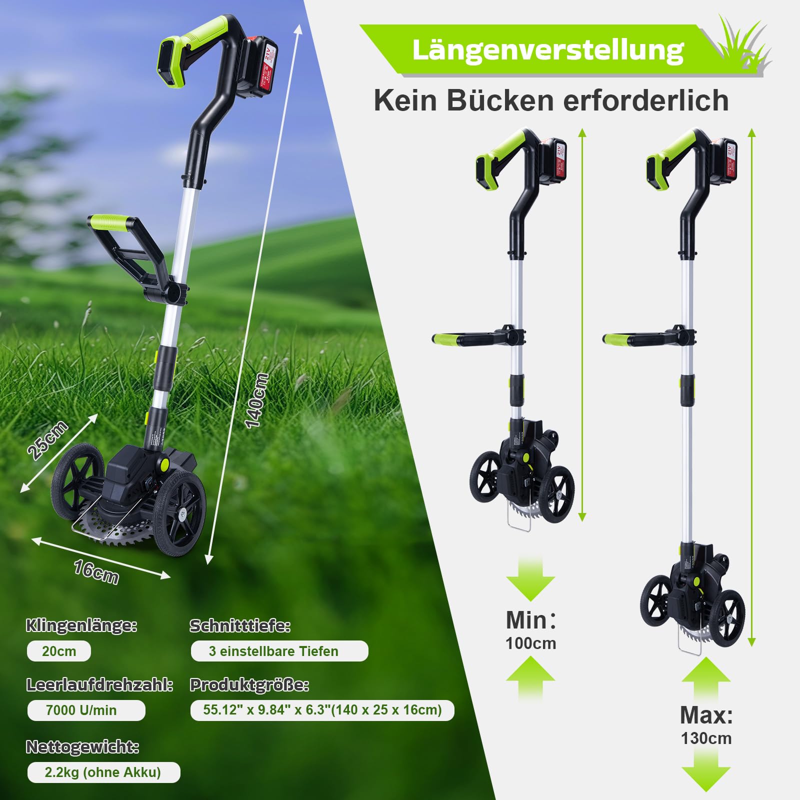 CHANGEMOORE Akku-Rasentrimmer mit 2x4.0Ah Akku, Bürstenloser Motor, Digital Display, Sicherheitsschalter, 90° Verstellbarer Kopf, 20cm Schnittbreite, 3 Klingentypen, für Garten & Hof, Neu aufgerüstet 4