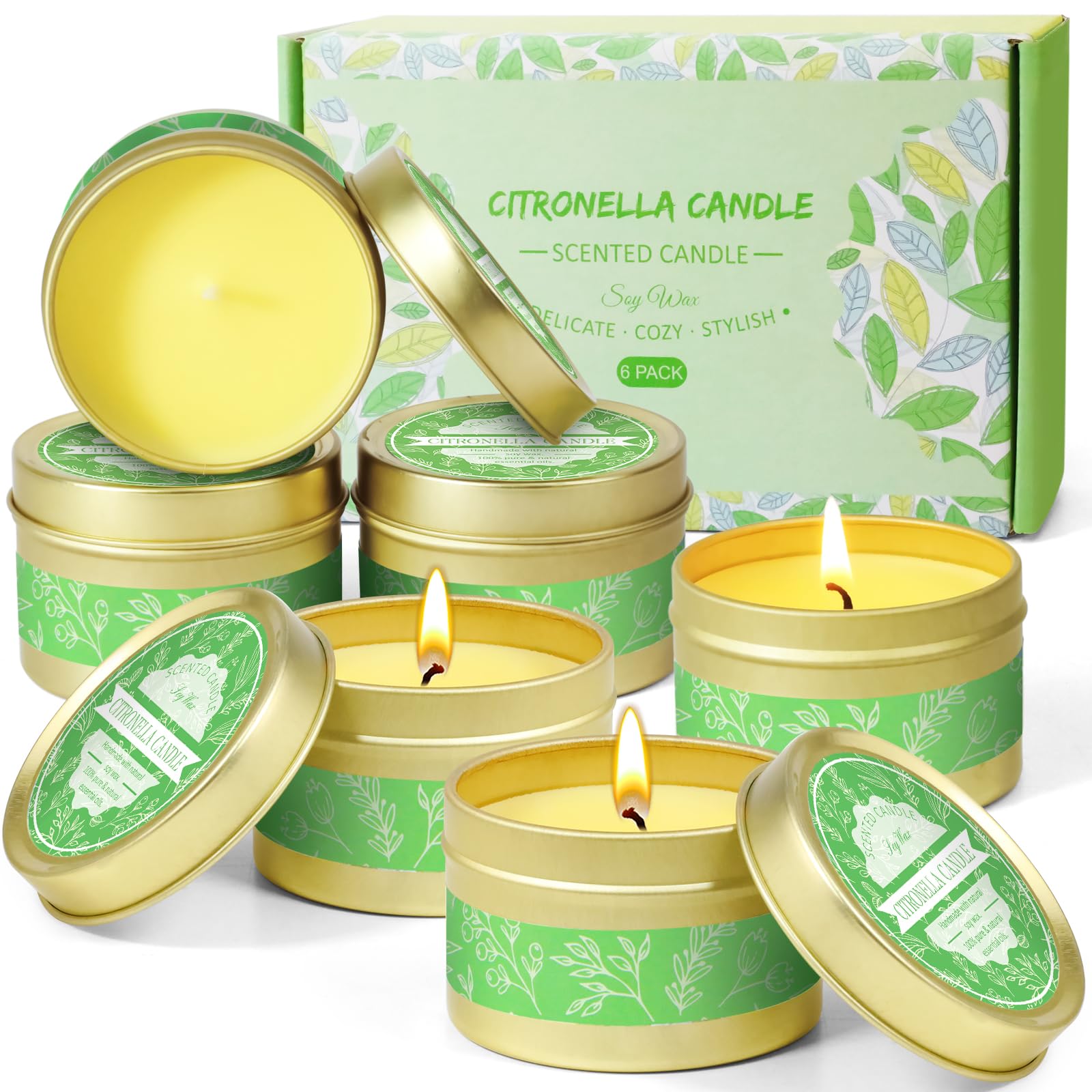 SCENTORINI Citronella Candle, Soy Wax Citronella Candle Outdoor, 6 x 75 g Portable Travel Tin Citronella Scented Candles, Lemongrass Candles Gift Set for Outdoor Garden, Camping