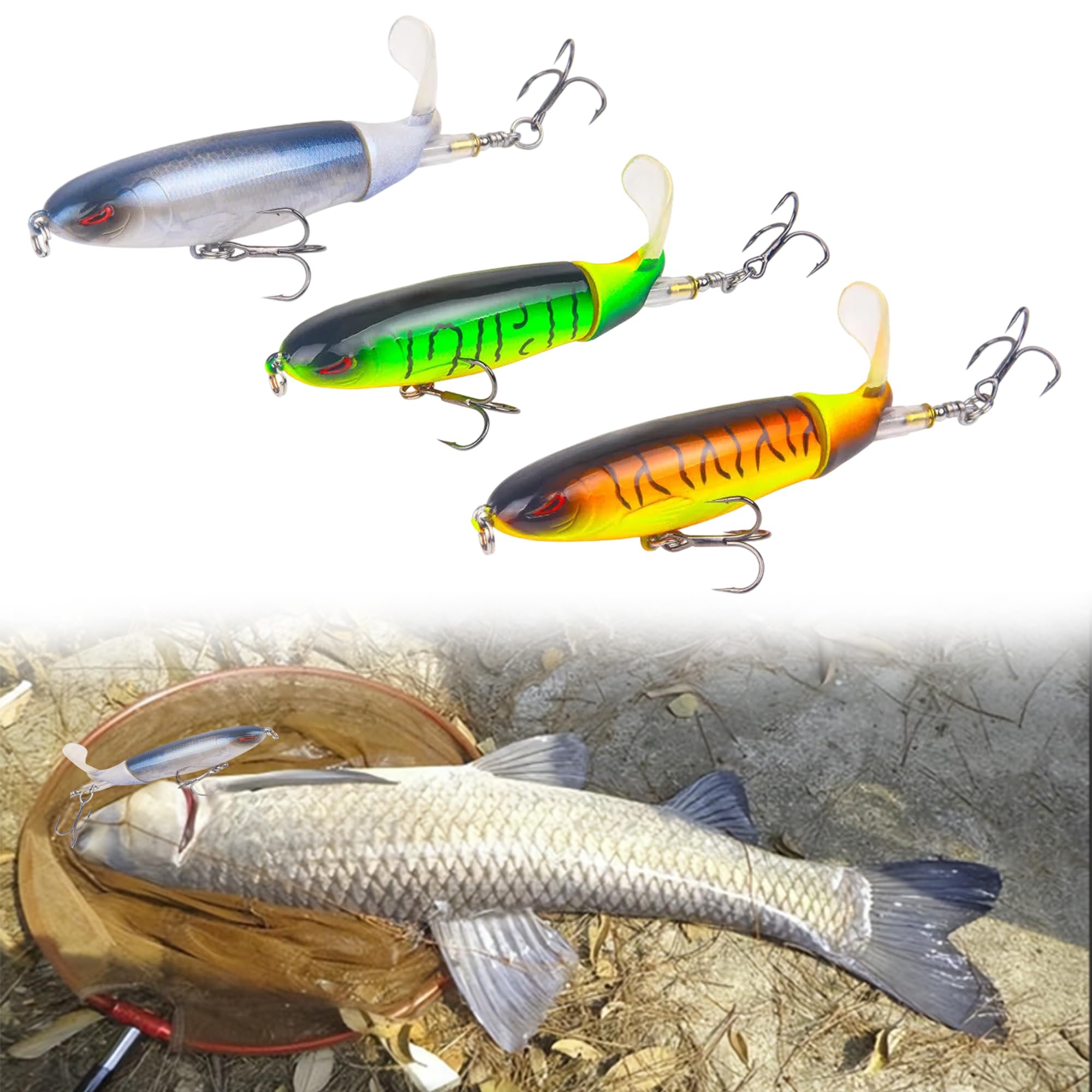 FGXY 3pcs Fishing Lures, Jointed 3D Eyes Soft Lure Single Hook Baits Artificial Bait, Big Tail Jig Head, for Bass Pike Muskie Freshwater Saltwater, Yellow