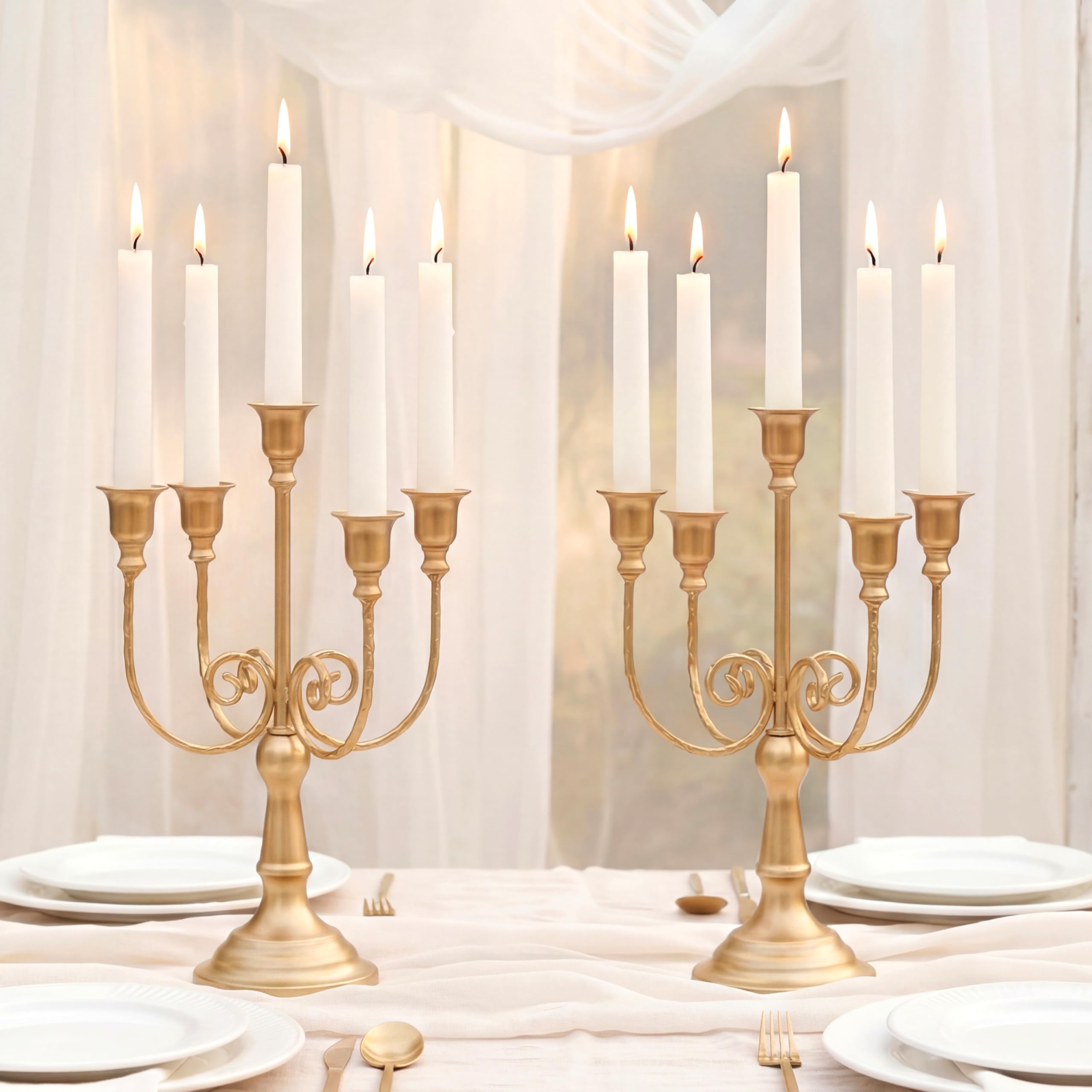 Nuptio Gold Candelabras Candle Holder 29.5cm Set of 2 Metal Candelabra Centrepiece 5-candles Candle Stick Stands Candleholder Fireplace Wedding Reception Antique Decorative Dinning Table Christmas