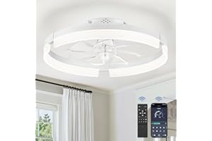 LEDIARY Ceiling Fans with Lights and Remote, 19.7 Inch Low Profile Ceiling Fan, 6 Speeds, Reversible, Dimmable Flush Mount Fan Light,Modern & Bladeless Ceiling Fan with Light for Bedroom, White