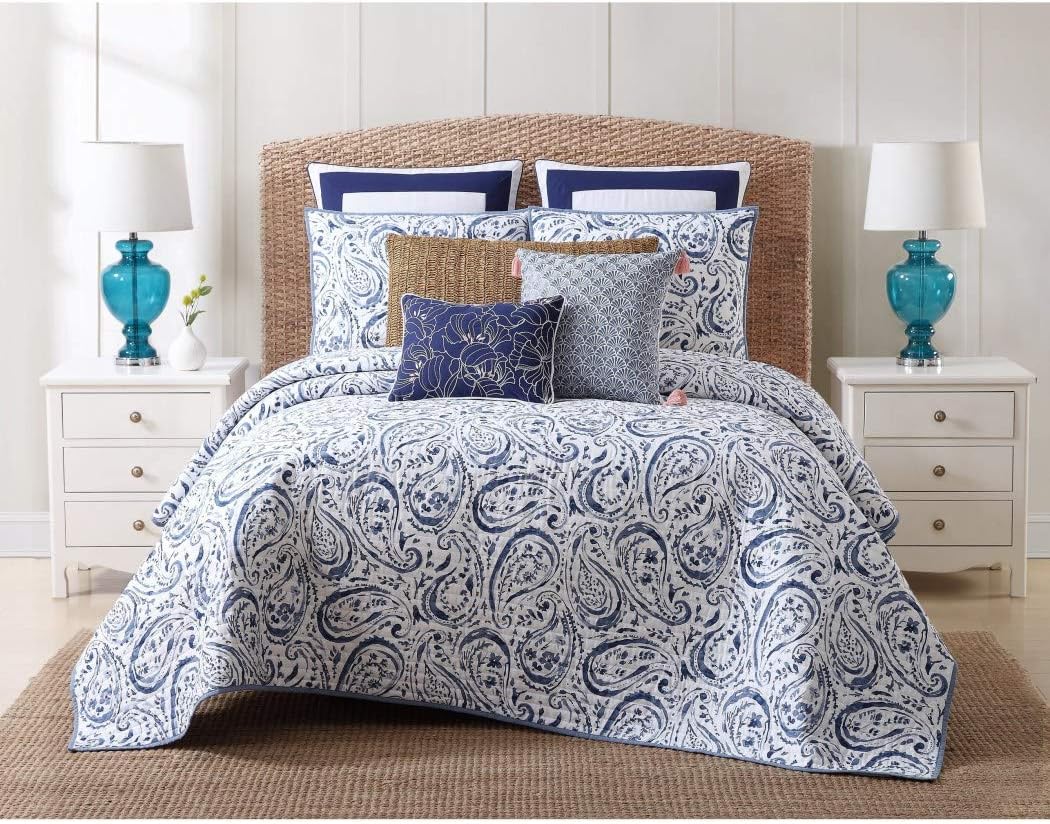 3pc Blue Paisley King Size Quilt, Cotton, Cottage Lake