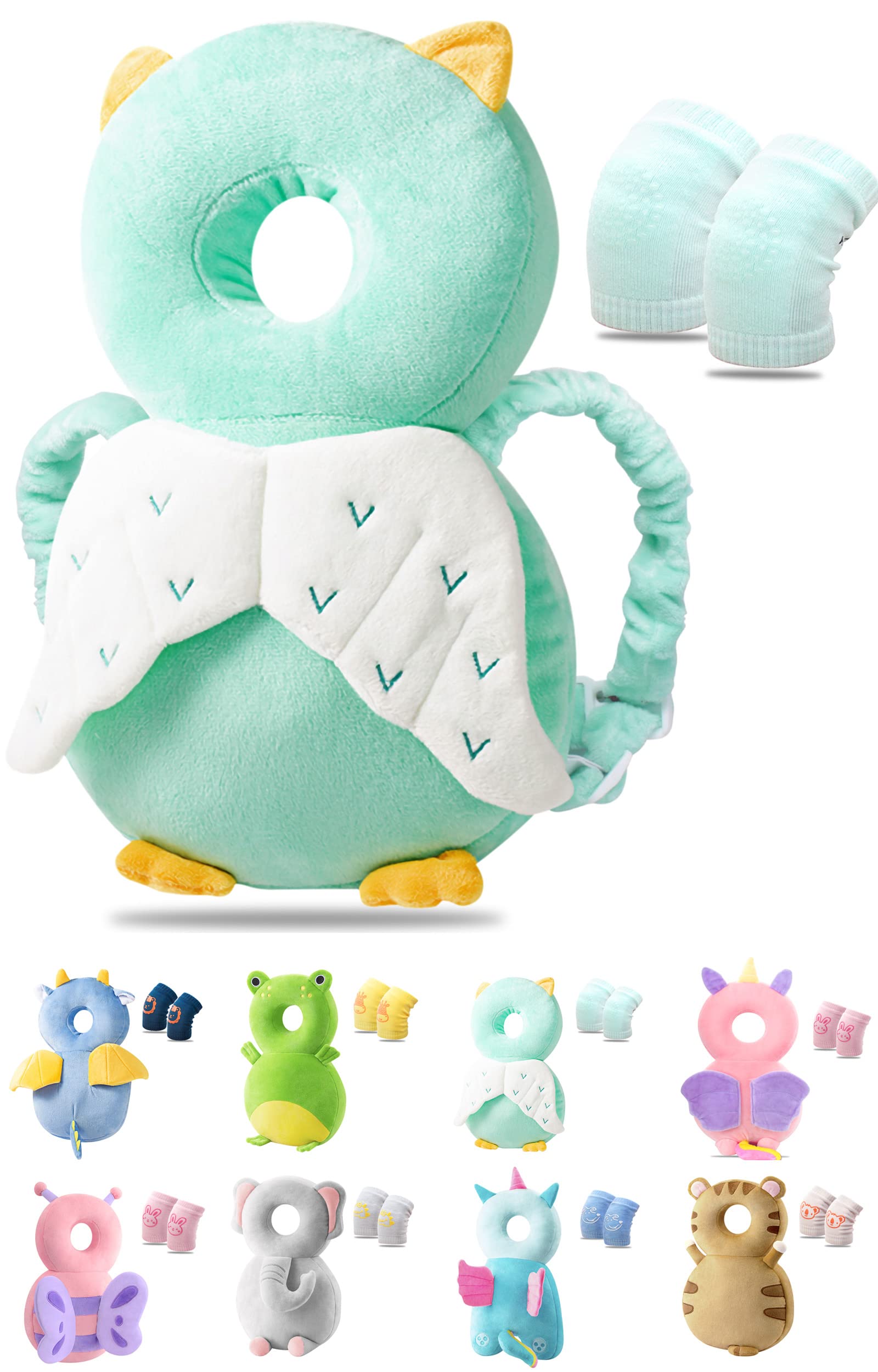 JEJA Baby Head Protector Backpack and Baby Knee Pads for Crawling, Adjustable Head Back Protection Safety Pads Toddler Walking, Owl