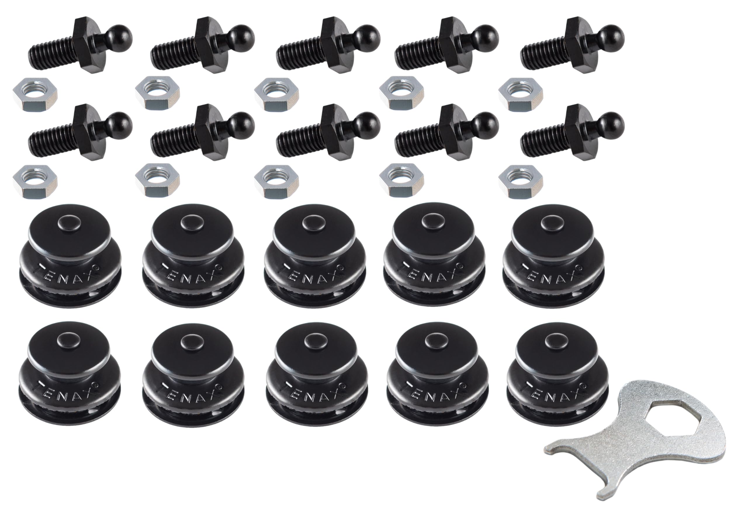 New Marine Tenax Buttons Black 10 Tops + 10 Lower Parts Threaded Screws M5 x 10 mm + 1 Tenax Key