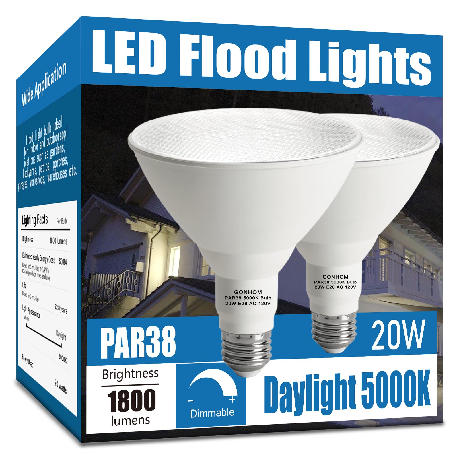 Par38 led Flood Lights Outdoor Light Bulb 2 Pack,Dimmable 5000K Daylight 1800LM,20W Replace up to 200W,Outdoor Flood Light Bulbs for Backyard,Garage,Porch,Garden