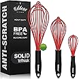Silicone Whisk, Eddeas Stainless Steel & Silicone Non-Stick Coated Whisks set of 3-Heat Resistant (450°F) Kitchen Whisks Perfect for Blending, Whisking, Beating & Stirring, Red