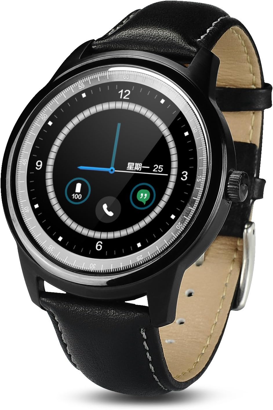 Smart Watch DM365 Bluetooth Smart Watch Waterproof Leather Strap Full HD IPS Screen Fitness Tracker For IOS Android Smartphone (Black)
