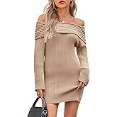 Saodimallsu Womens Off The Shoulder Mini Sweater Dress Bodycon Long Sleeve Ribbed Knit Fall Casual Short Dresses