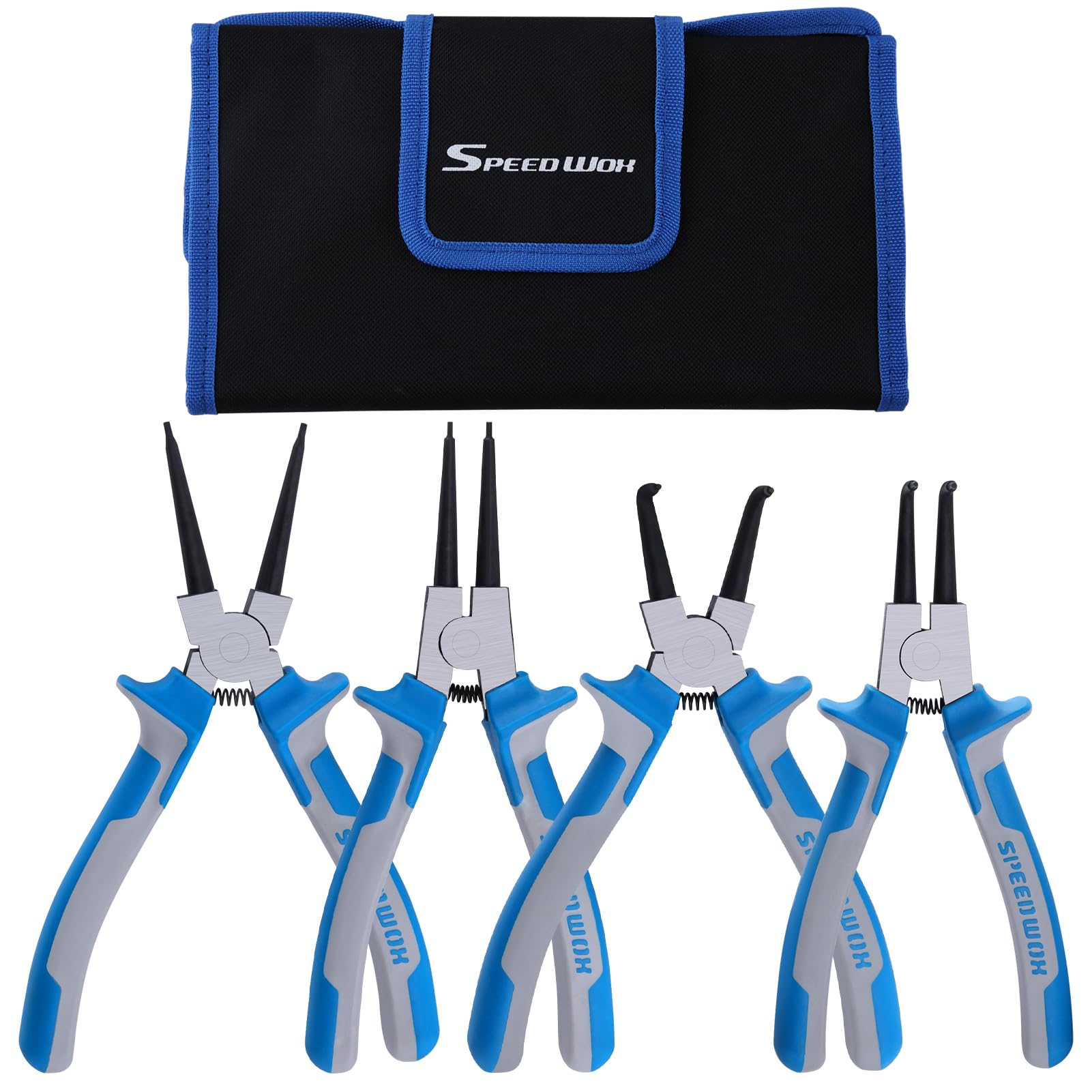 SPEEDWOX 4pcs 7" Snap Ring Pliers Set Circlip Pliers Kit Retaining Ring Pliers Internal/External Circlip Pliers Kit with Straight/Bent Jaw C-Clip Pliers for Ring Remover Retaining with Storage Pouch