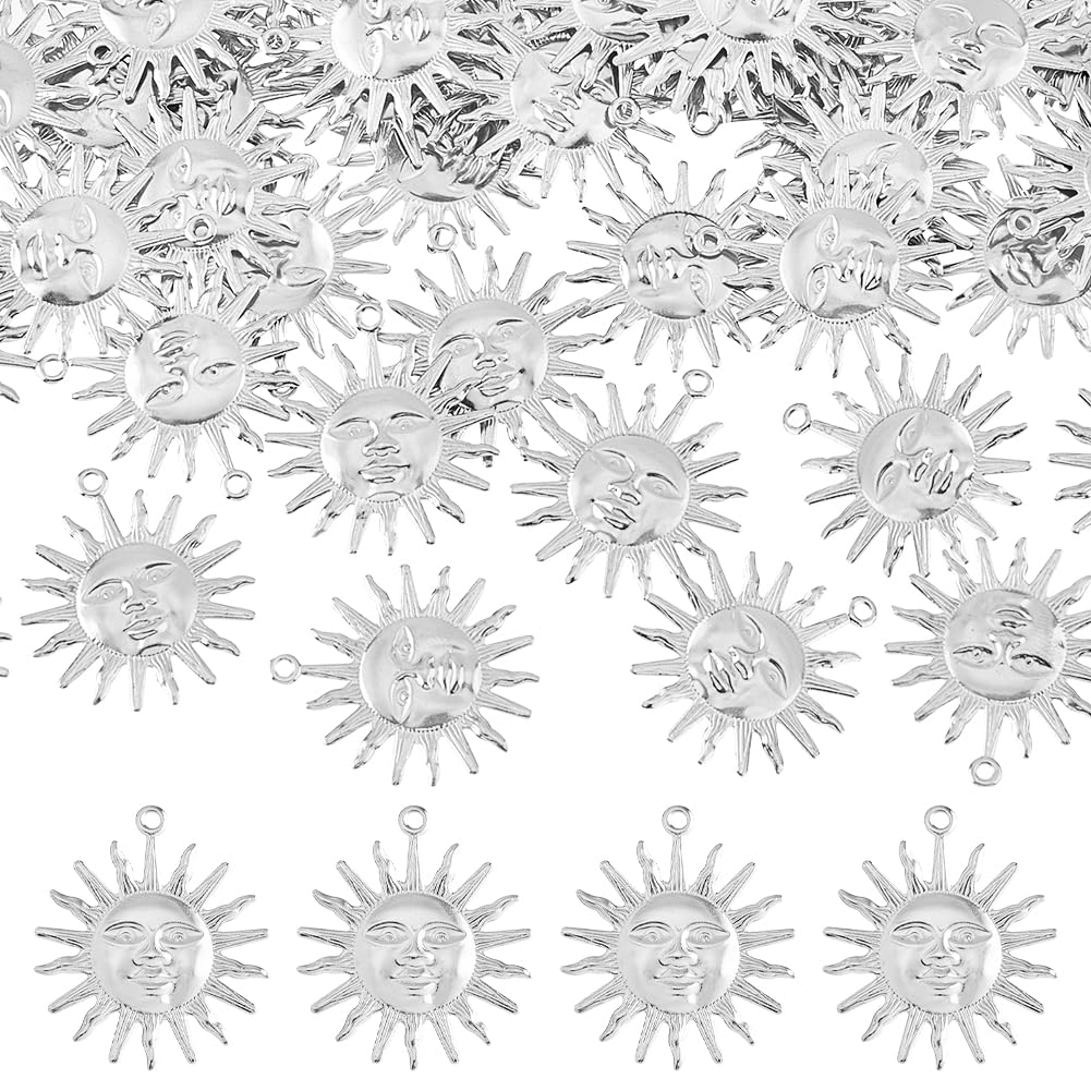 DICOSMETIC 60Pcs Sun Charm Sun Face Charms Celestial Sun Charms Stainless Steel Pendant Charms Dangle Charms Supplies for Necklace DIY Making Supplies, Hole: 1.2mm