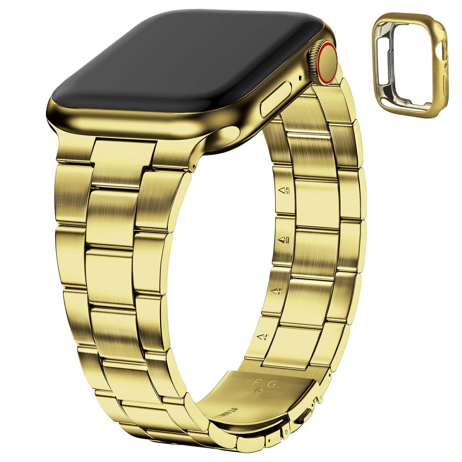 Fullmosa Compatible With Apple Watch Straps 44mm 42mm 45mm, Upgraded Version Stainless Steel iWatch Strap with Case for SE 3 2 1/Series 9 8 7 6 5 4 3 2 1 for Women Men, Gold