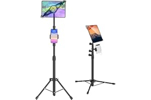 Ipad Tripod Stand, Height Adjustable Tablet Floor Stand Tripod with 2 Holders for iPad Pro 12.9/11/10.5/9.7, iPad Air, Samsun