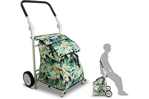 TMZ 2-Wheel Foldable Shopping Cart with Seat Function and Removable Bag - Lightweight Portable Grocery Trolley, 110 lbs Capacity Utility Cart for Market, Travel, Apartment (Tropic Style)