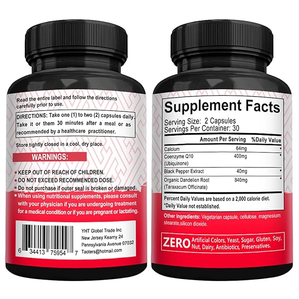 TAOTERS COQ10 400MG SUPPLEMENT PER SERVING| COENZYME Q10 CAPSULES WITH ORGANIC DANDELION ROOT 840MG, CALCIUM 64MG, BLACK PEPPER EXTRACT 40MG| SUPPORT FOR HEART HEALTH & ENERGY PRODUCTION| 60 CAPSULES