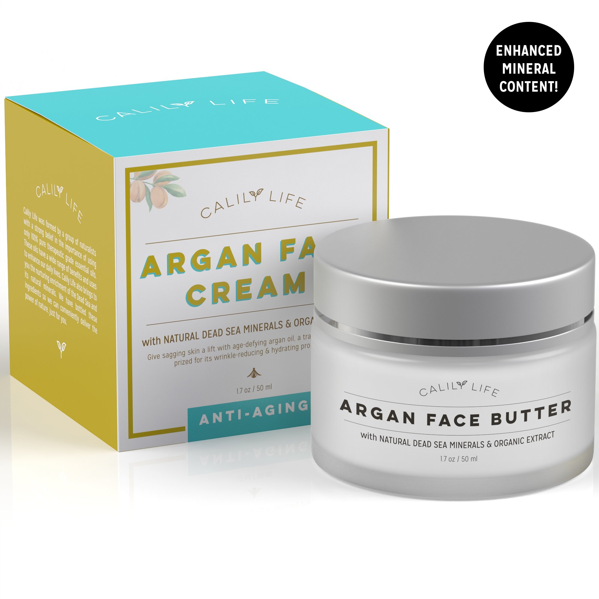 Calily Life Organic Argan Face Cream with Dead Sea Minerals, 1. 7 Oz. – Restores, Smooths, Moisturizes and Regenerates - Powerful Hydration - Combats Wrinkles and Aging - [ENHANCED]