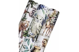 WRAPAHOLIC Kraft Christmas Wrapping Paper Roll - Mini Roll - 3 Rolls - 17 Inch x 120 Inch Per Roll - White Wild Animals Winterfall Watercolor Holiday Collection