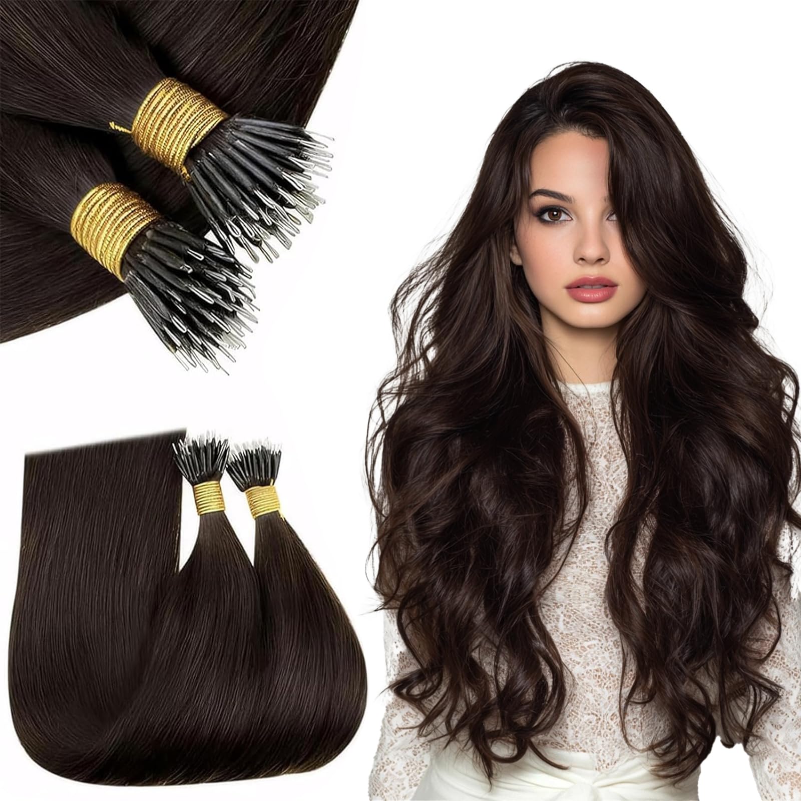 RUNATURE 14 Inch Nano Hair Extensions Real Human Hair Brown Nano Beads Hair Extensions Human Hair Remy Straight Dark Brown Invisible Nano Rings Hair 50s 50g #2 — image 1
