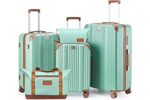 CASELLY Luggage Set 3 Piece Luggage with PC+ABS Hardshell TSA Lock Spinner Wheels Carry on Lightweight Suitcase，Cup Holder,YKK Zippers (Green, 5 piece sets(20/24/28/DB/TB))