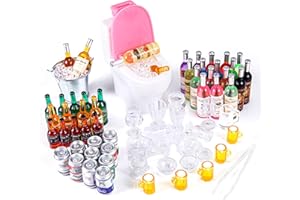 HSJH 71 Pcs Miniature Ice Cubes Beer Bottles and Mini Drink Soda Pop Cans House Accessories for Fairy Garden Pub Bar Cake Decoration 1/12 Doll House Barrel Pretend Play DIY Party Toys Red Wine