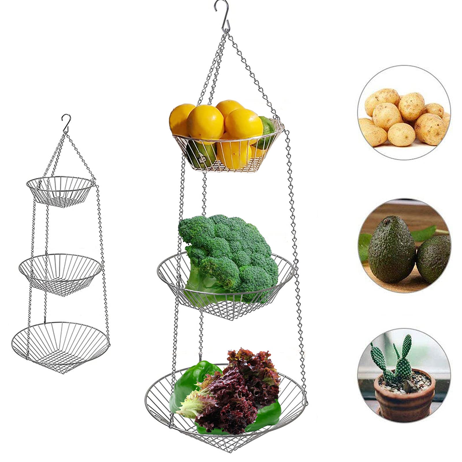 3 Tier Fruit Basket, Vegetable Kitchen Storage Basket Chain Hanging Space Saving Rustic Country Style (Silver)