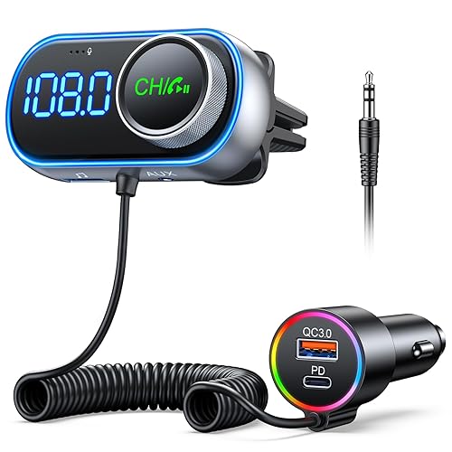 EOIWUY Bluetooth 5.3 Car Adapter, [HiFi Bass Boost] Bluetooth FM Transmitter with PD 36W & QC3.0 18W, Wireless Radio Handsfree Car Kit, Voice Assistant, AUX Output