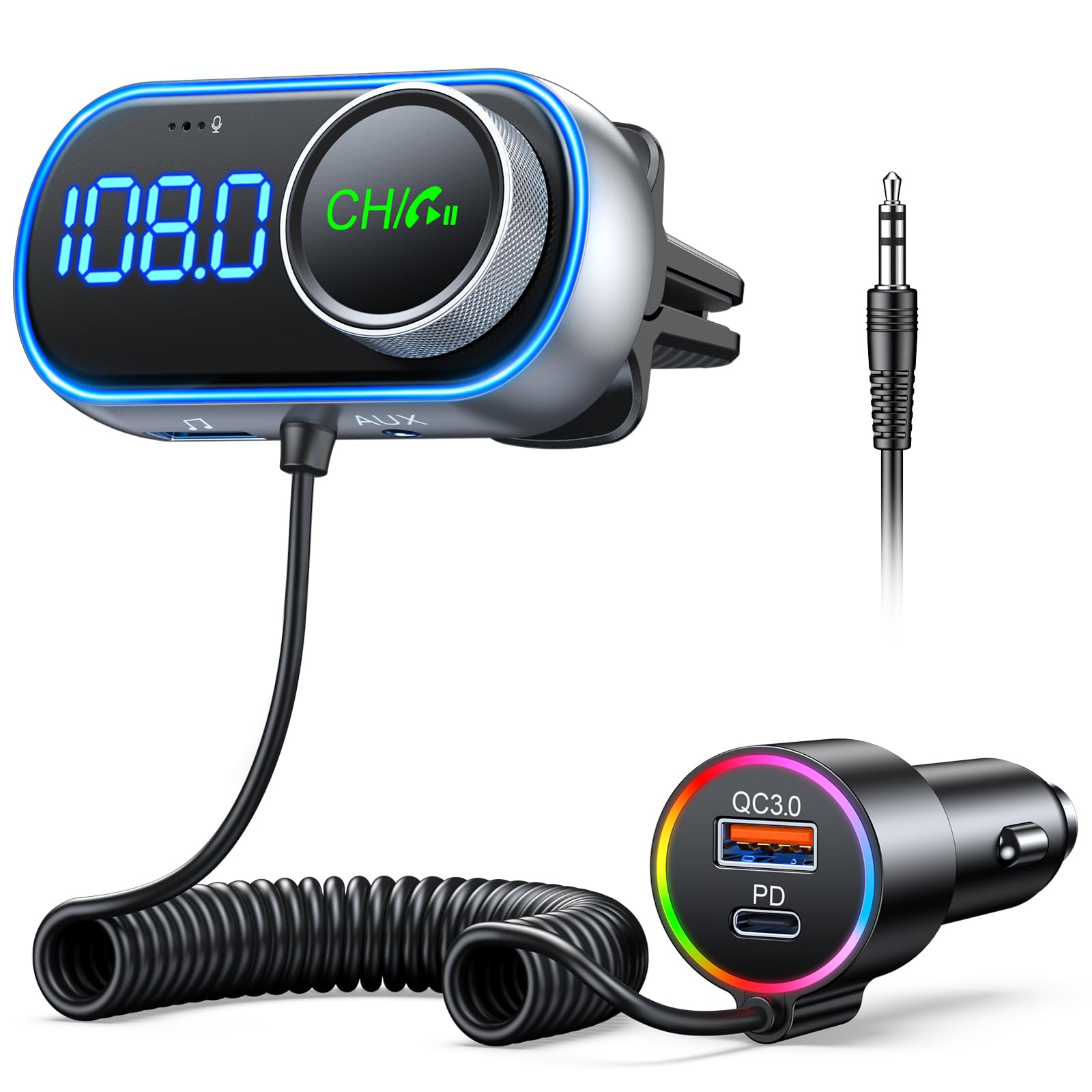EOIWUY Bluetooth 5.3 Car Adapter, [HiFi Bass Boost] Bluetooth FM Transmitter with PD 36W & QC3.0 18W, Wireless Radio Handsfree Car Kit, Voice Assistant, AUX Output