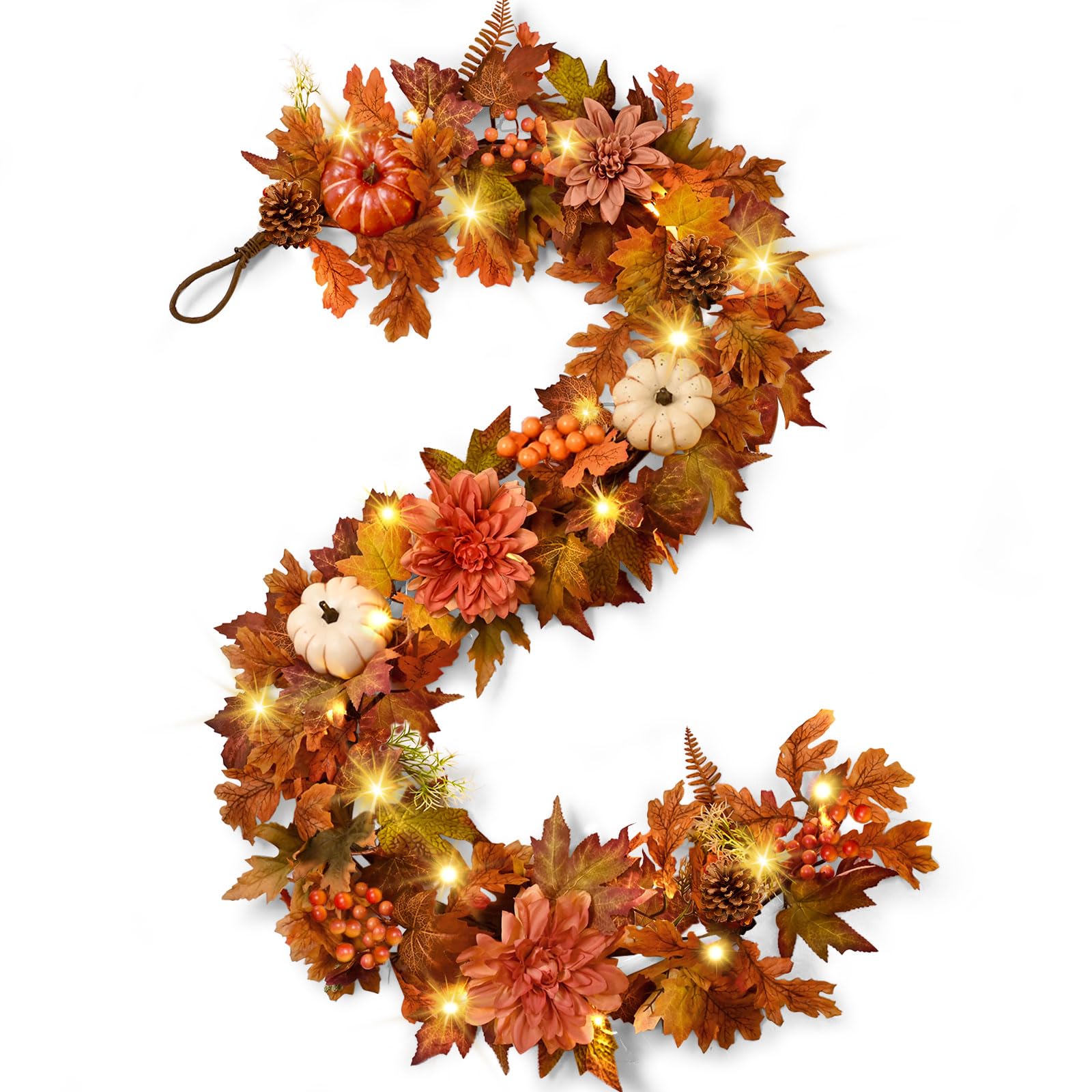 Photo 1 of Fall Garland for Mantle, 6 FT Fall Garland with Lights, Fall Leaves Pumpkin Garlands for Table Centerpiece Door Window Fireplace Home Indoor Outdoor Fall Thanksgiving Decorations for Home