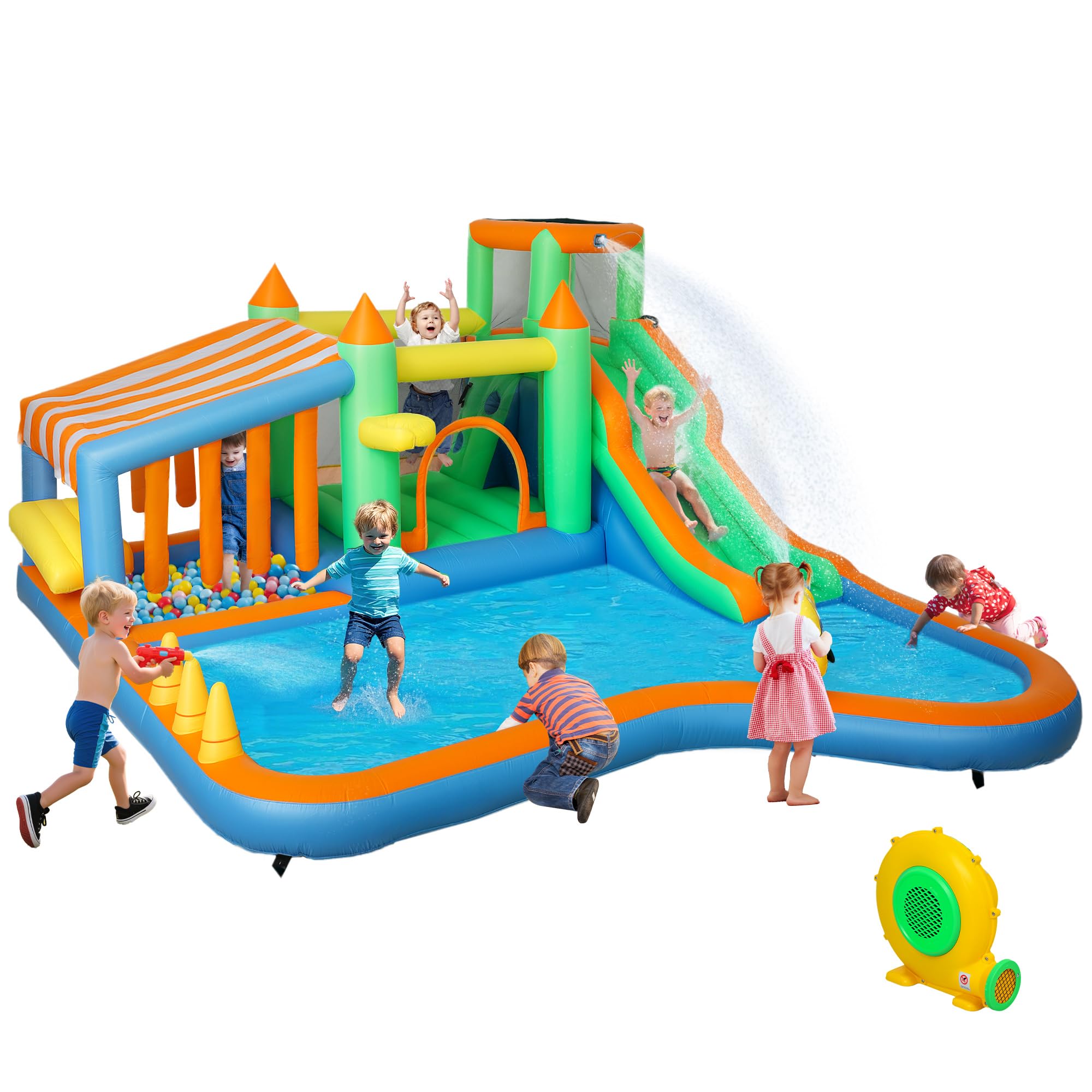 AIYAPLAY Bouncy Castle, Inflatable Bounce House Trampoline with 550W Blower, Water Slide, Splash Pool, Basketball Hoop, Ball Pits, Climbing Wall, Water Gun, Ring Toss, for Kids Outdoor Indoor