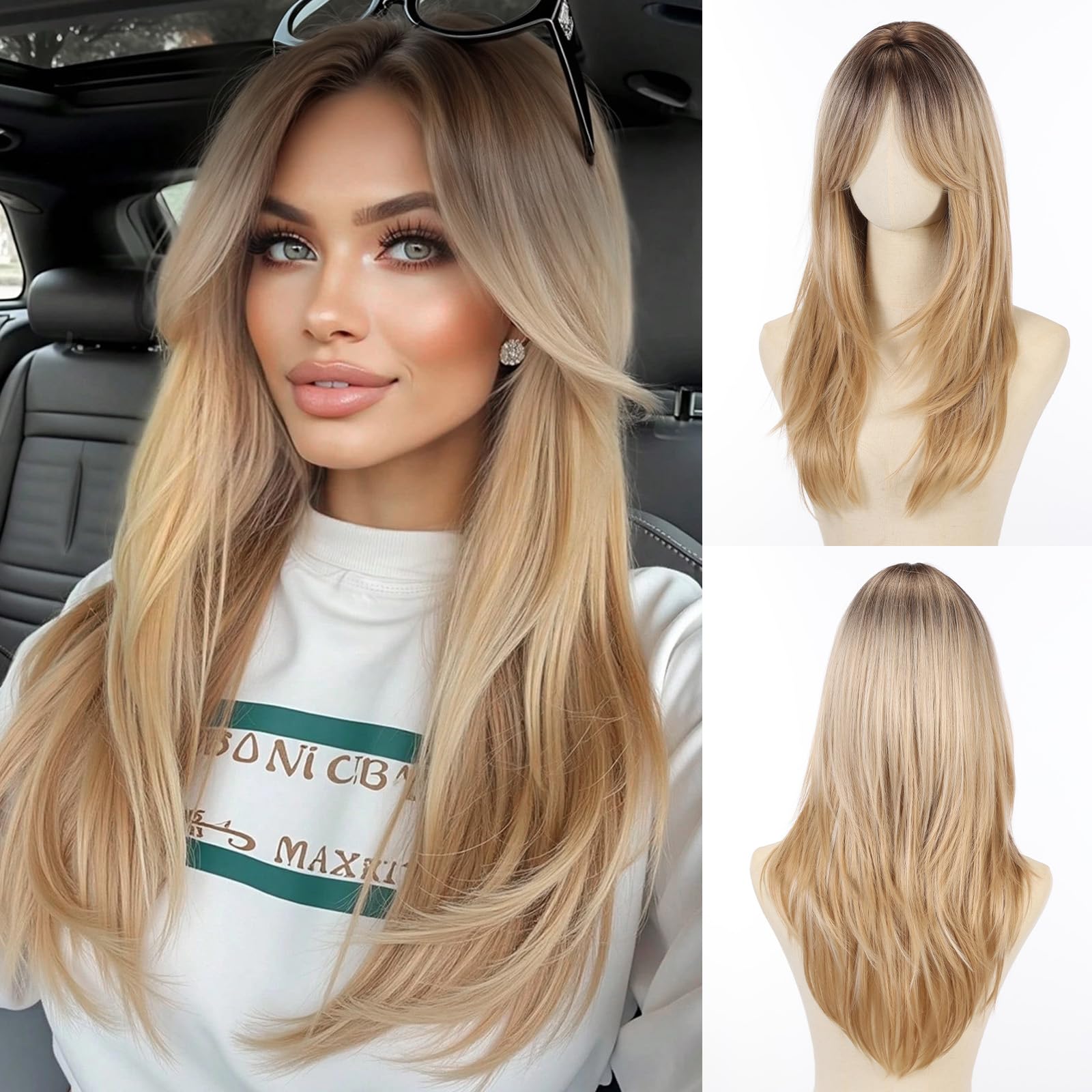 Allbell Blonde Wigs for Women Long Straight Layered Wig with Bangs Heat Resistant Syntehtic Natural Hair Wigs for Daily Party Use(24IN)