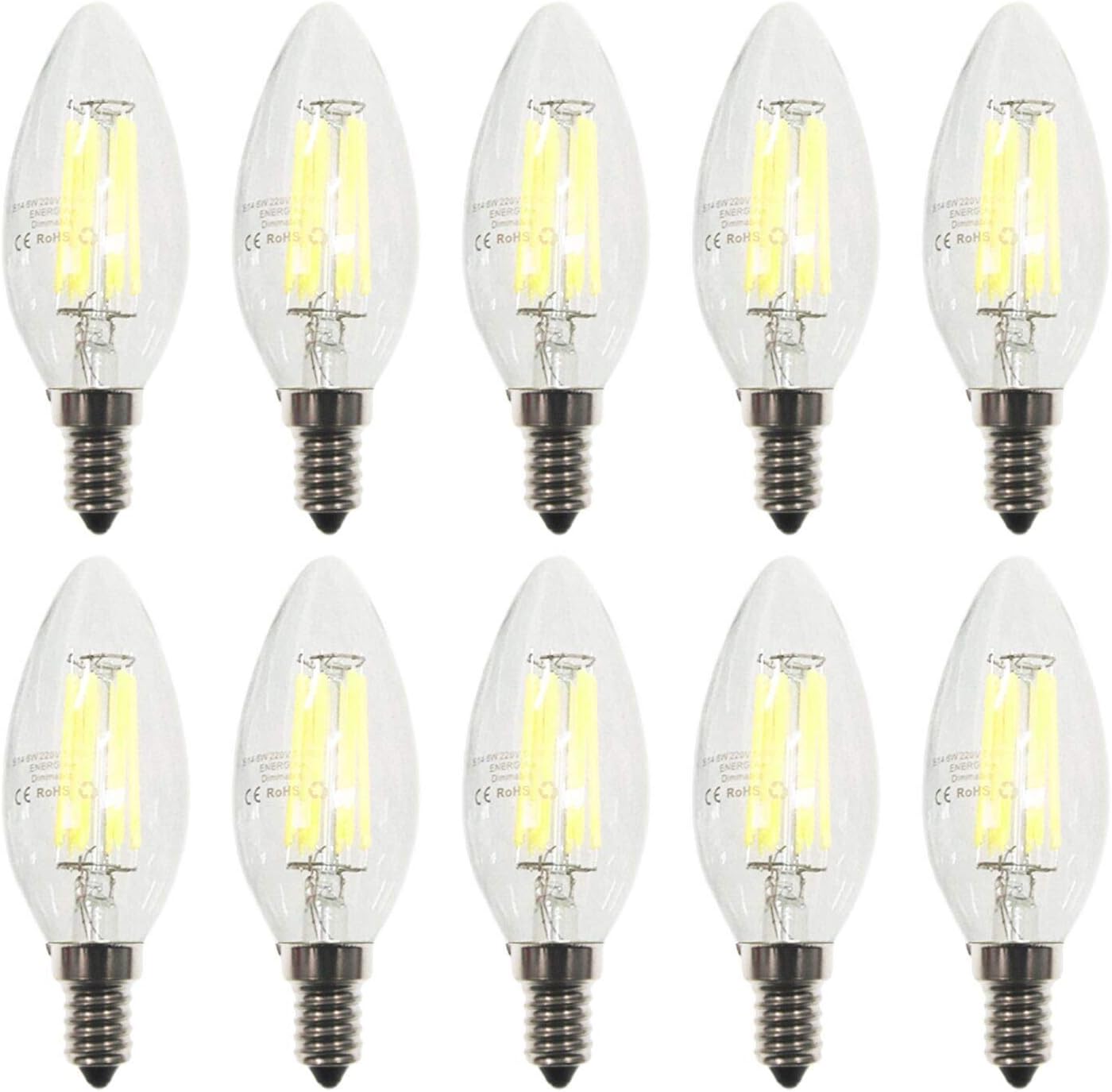 ZFQ Pack of 10 E14 Candle LED Lamp for Chandelier, Edison Led Filament Retrofit Classic, 6W, 600LM, 6500K Cold White, Equivalent Incandescent 60W, AC 220-240V, Dimmable