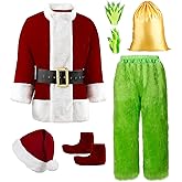 Semana Men's Christmas Green Santa Costume: 8-Piece Deluxe Furry Adult Suit, Funny Xmas Holiday Outfit with Mask