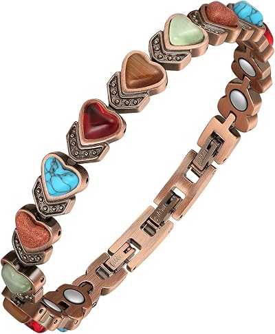 Jeracol Lymphatic Copper Magnetic Bracelet Women Heart Stone Adjustable 22cm
