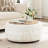 gusohey Large Round Storage Ottoman Coffee Table with Wooden Tabletop, 30.5 Inches Teddy Fleece Tufted Ottoman for Living Roo